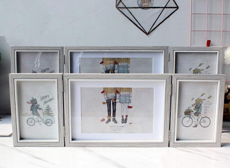 DODXIAOBEUL Silver Hinged Folding Three Picture Frame Display 4x6 inch Vertical and 5x7 inch Horizontal Photo or Pictures for Desk Triple Opening Wedding Family Grayish White - Image 3